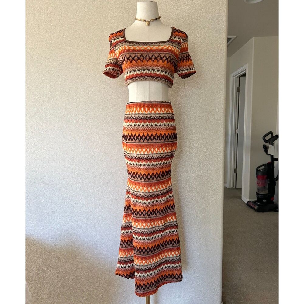 2-Piece Brown & Orange Geometric Print Top & Mermaid Maxi Skirt Coord Set - Picture 2 of 10
